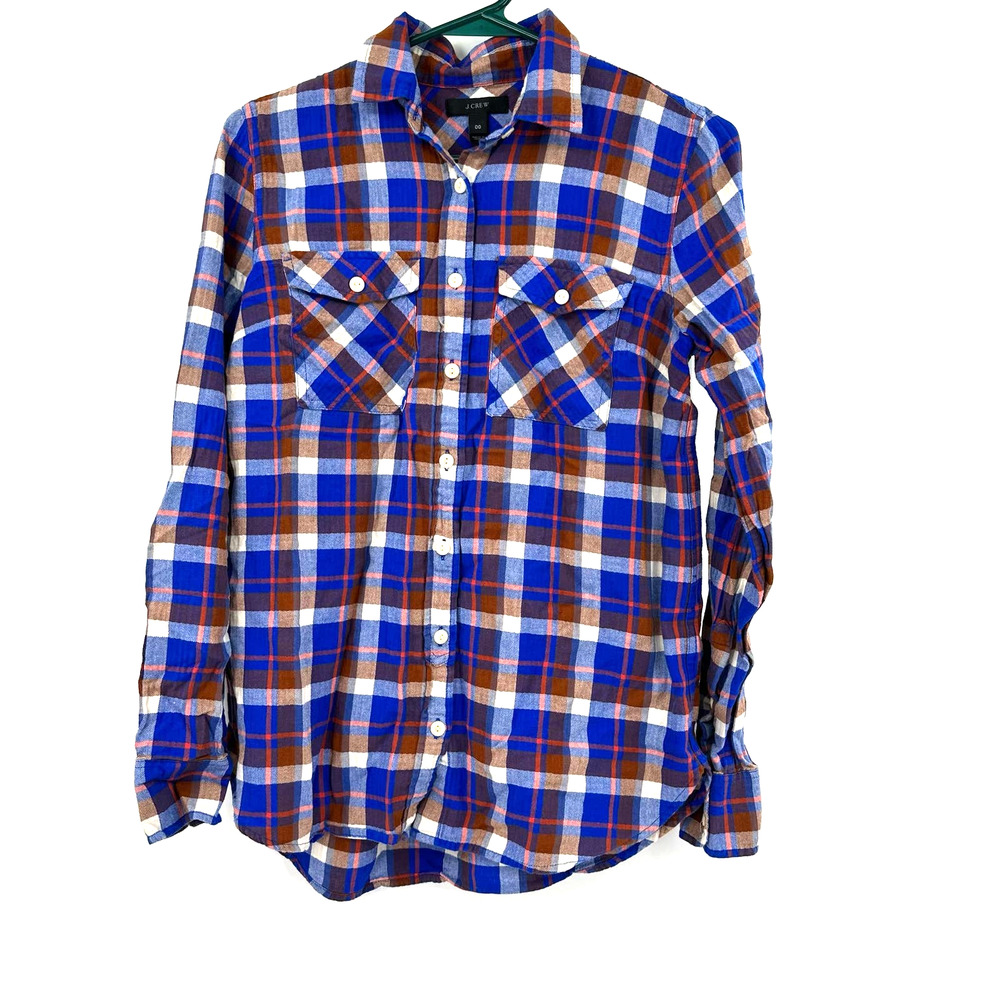 J. Crew size 00 blue brown red plaid‎ flannel button up long sleeve shirt blouse